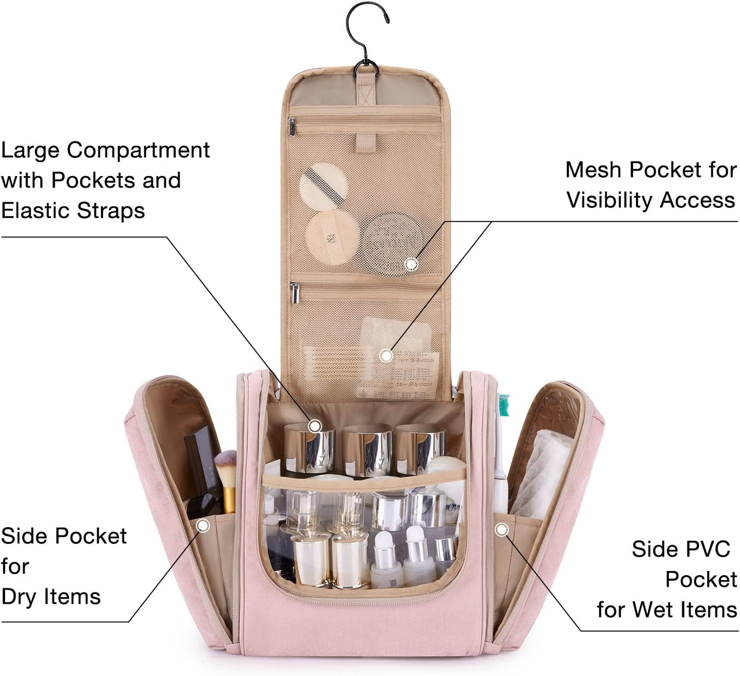 Extra Large Toiletry Bag Hanging Toiletry Bag for Travel, Water-Resistant Cosmetic Makeup Large Capacity Bag Organizer for Full Sized Toiletries, Pink