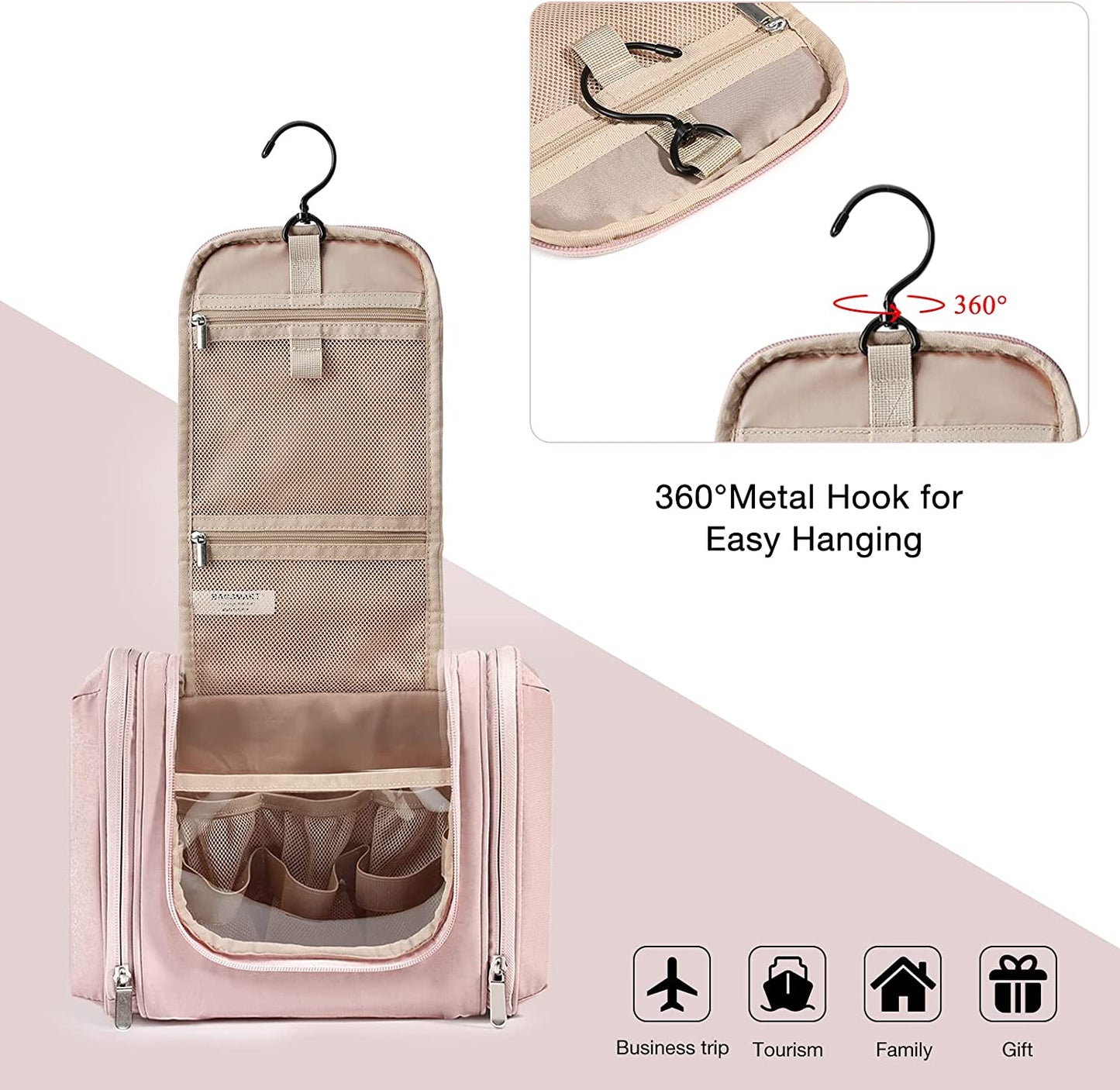 Extra Large Toiletry Bag Hanging Toiletry Bag for Travel, Water-Resistant Cosmetic Makeup Large Capacity Bag Organizer for Full Sized Toiletries, Pink