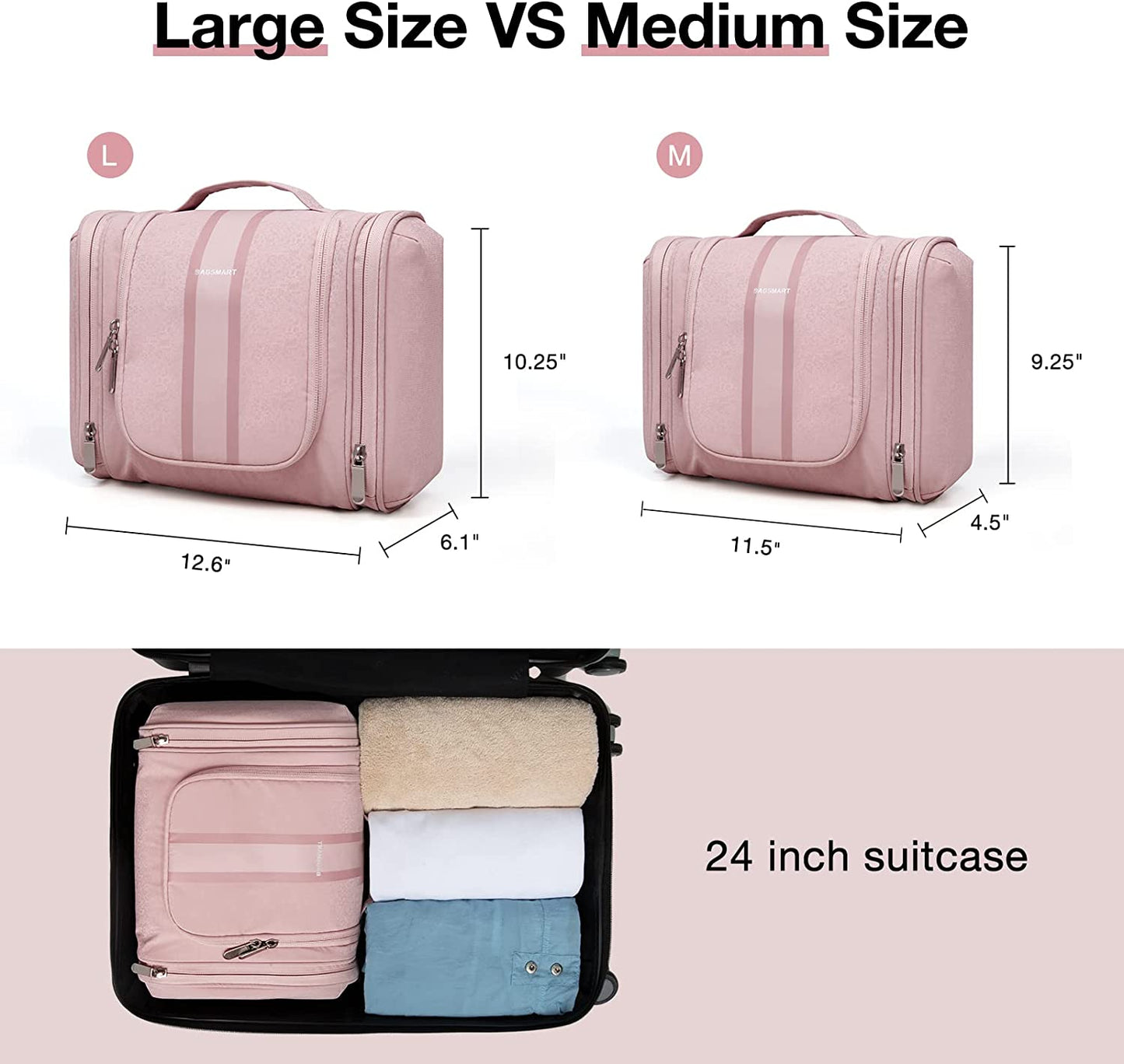 Extra Large Toiletry Bag Hanging Toiletry Bag for Travel, Water-Resistant Cosmetic Makeup Large Capacity Bag Organizer for Full Sized Toiletries, Pink