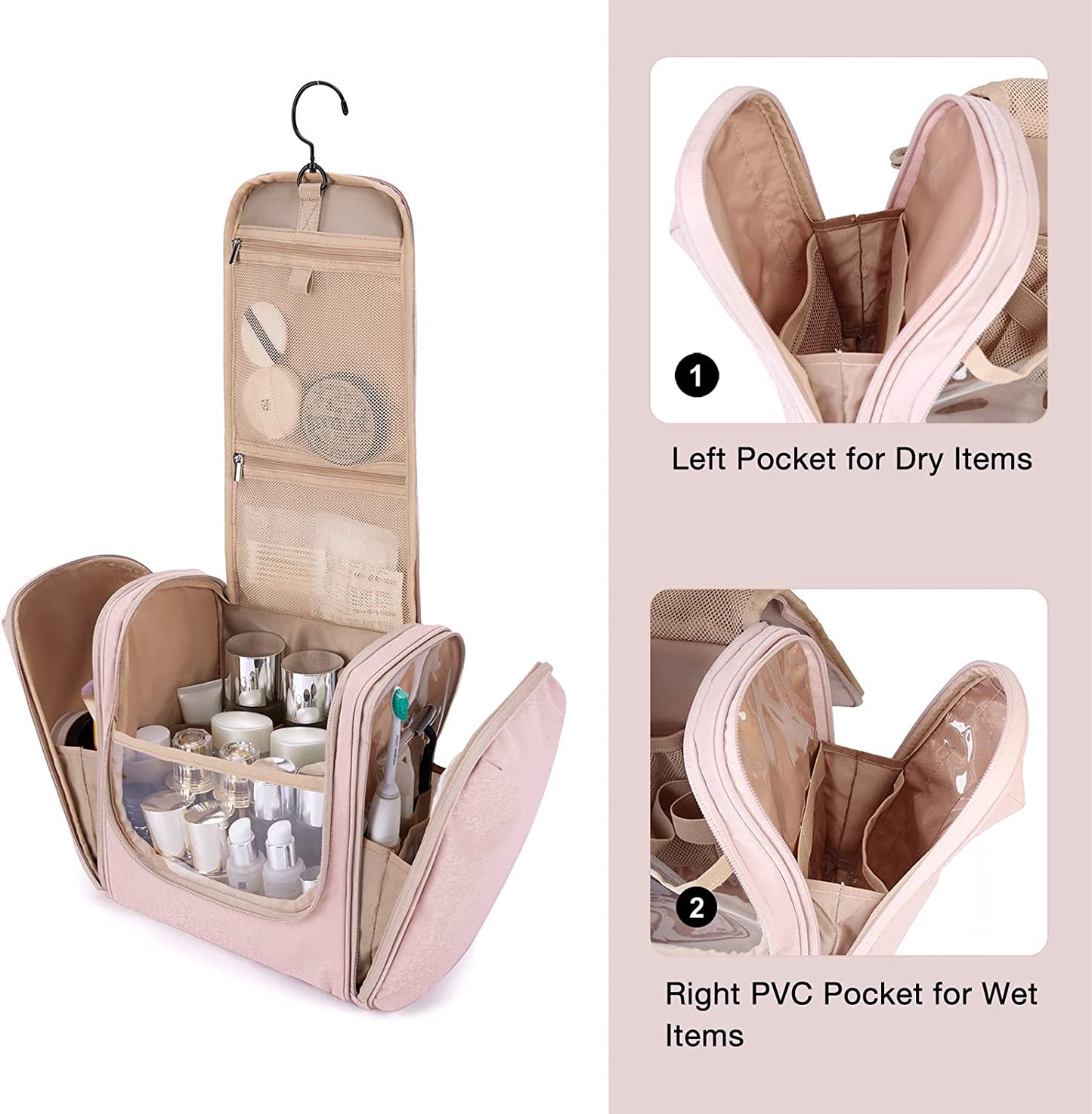 Extra Large Toiletry Bag Hanging Toiletry Bag for Travel, Water-Resistant Cosmetic Makeup Large Capacity Bag Organizer for Full Sized Toiletries, Pink