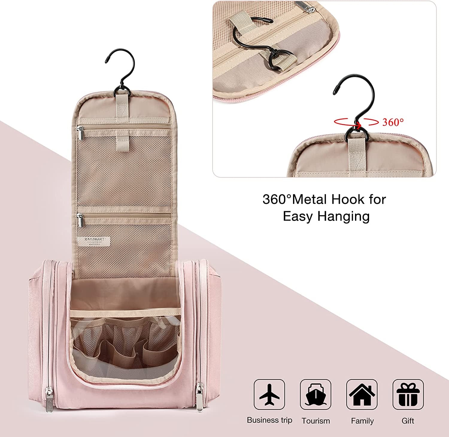 Extra Large Toiletry Bag Hanging Toiletry Bag for Travel, Water-Resistant Cosmetic Makeup Large Capacity Bag Organizer for Full Sized Toiletries, Pink
