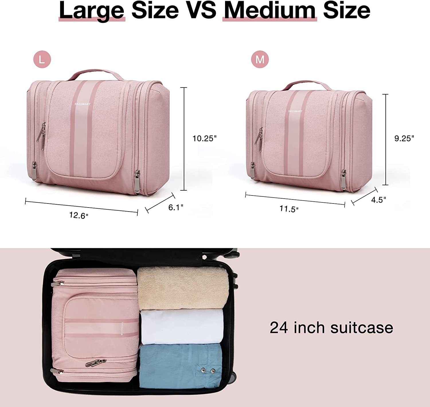 Extra Large Toiletry Bag Hanging Toiletry Bag for Travel, Water-Resistant Cosmetic Makeup Large Capacity Bag Organizer for Full Sized Toiletries, Pink